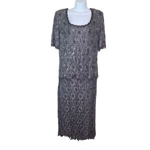 Scala Vintage Gray Beaded Floral Lace Sheath Formal Maxi Dress Gown Size 1x